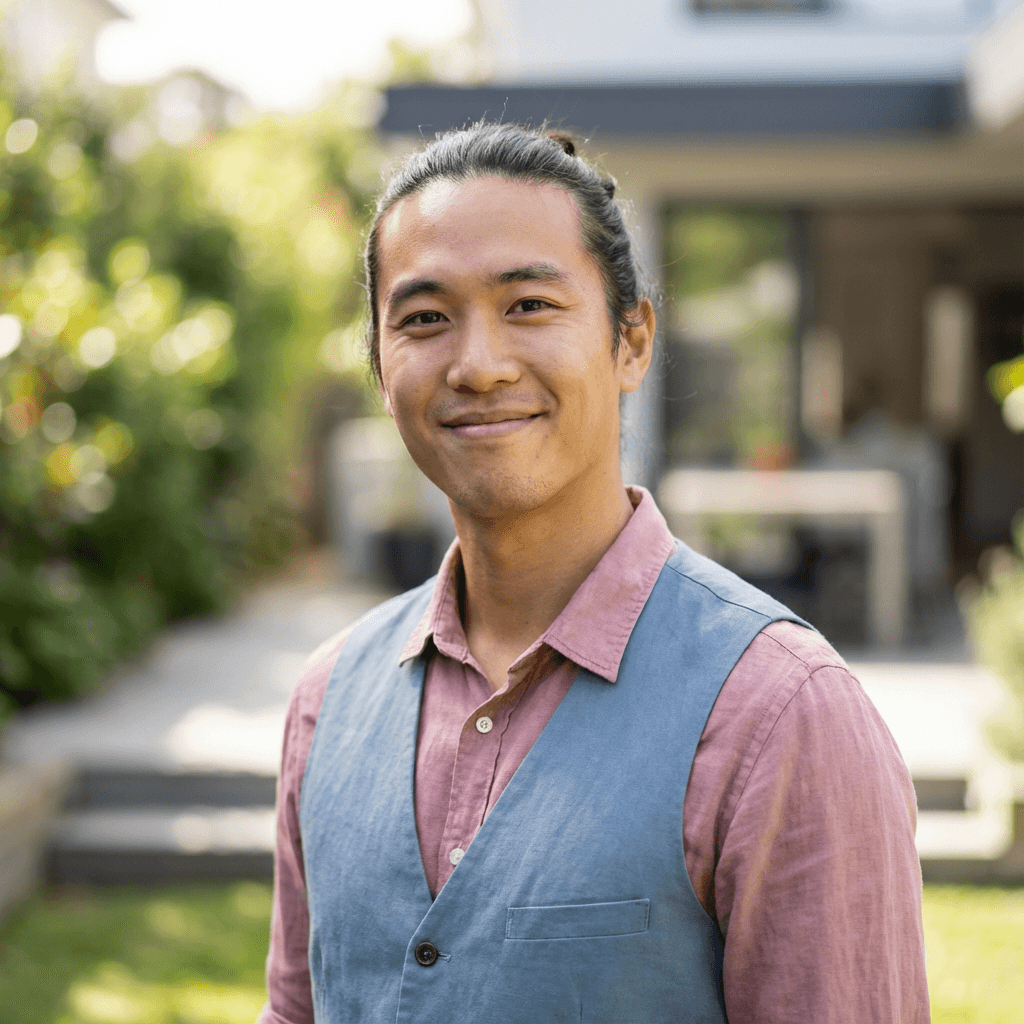 Marcus Chen standing in a tidy kitchen