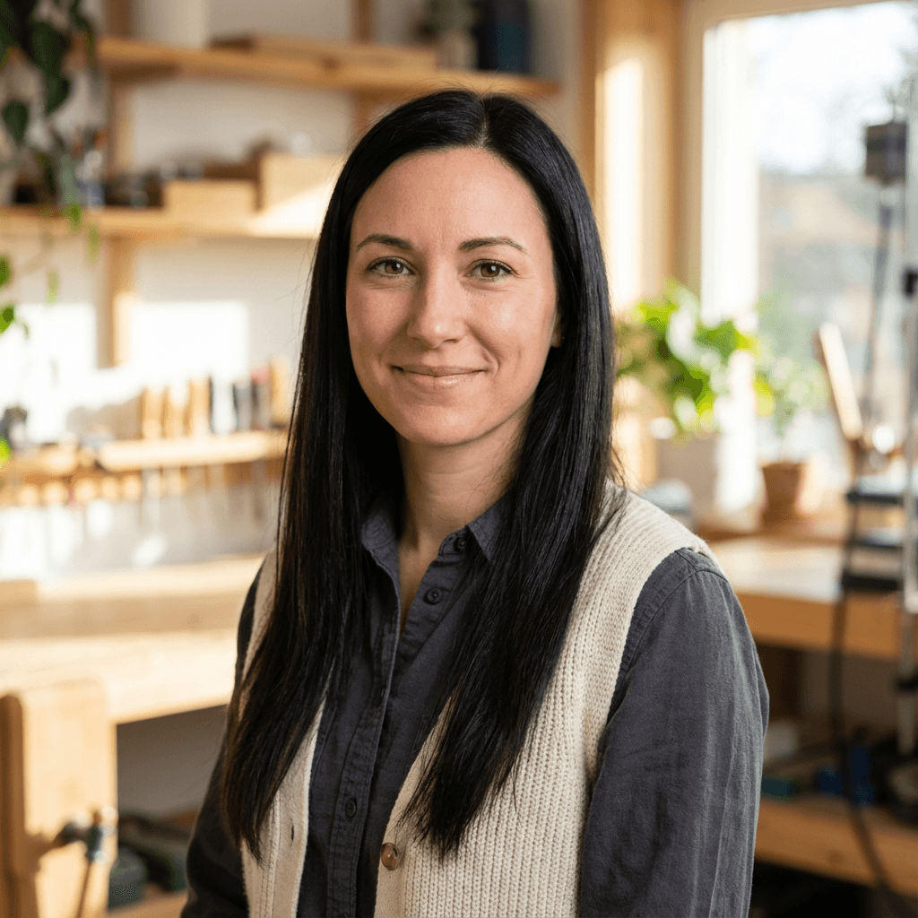 Juliet smiling in a bright modern home with cleaning supplies