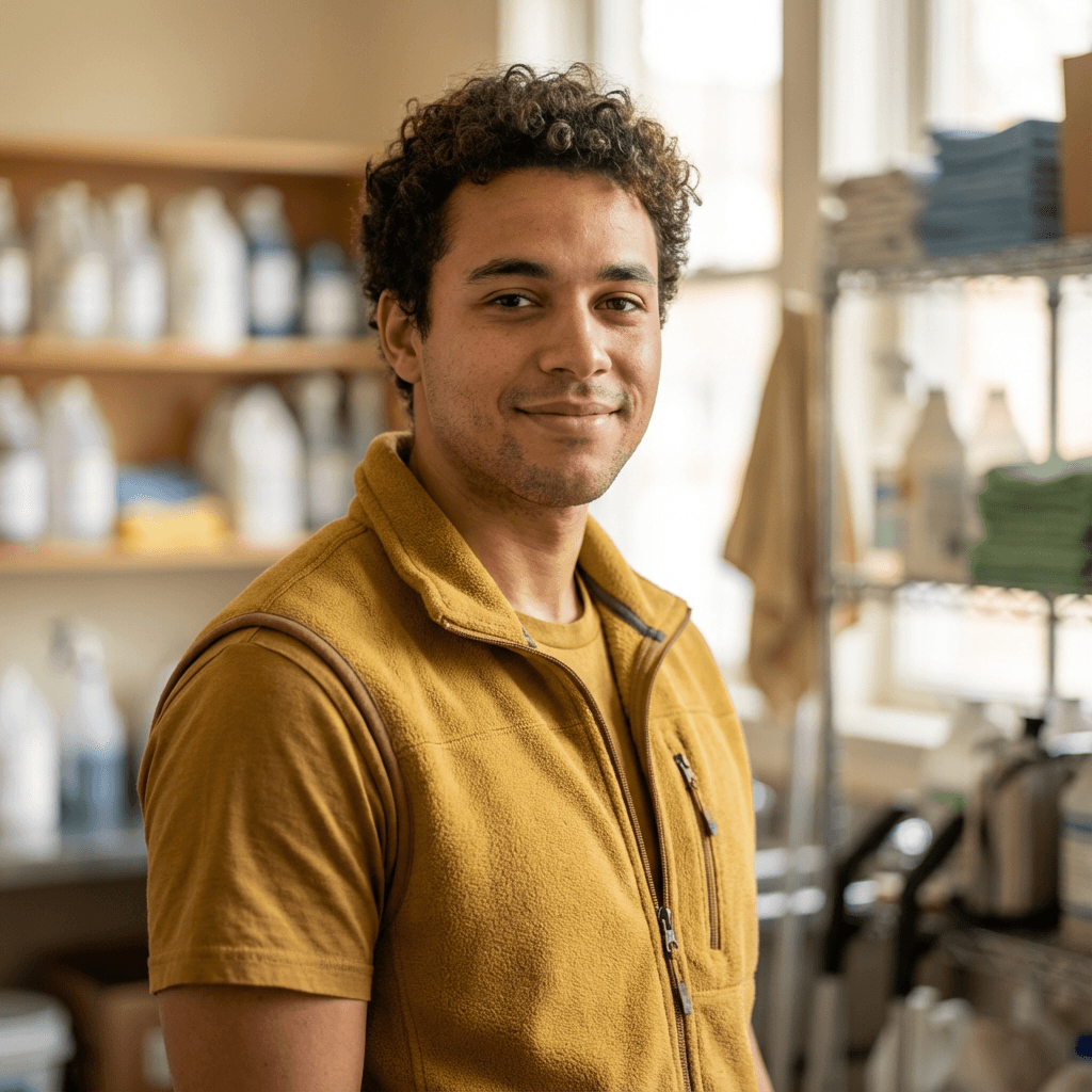 Marcus standing in a bright kitchen with cleaning cloth and spray bottle