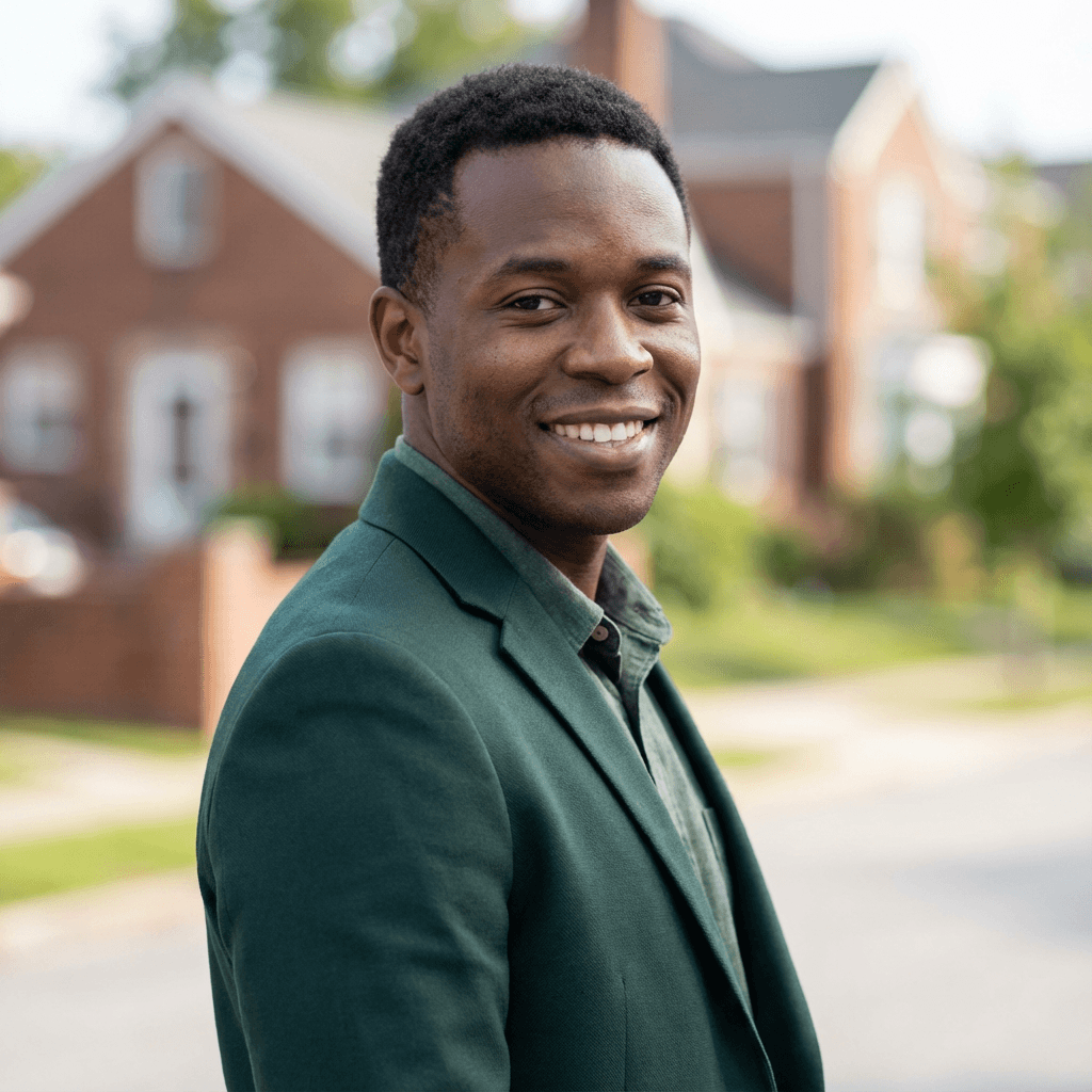 Daniel Okafor smiling in his tidy living room