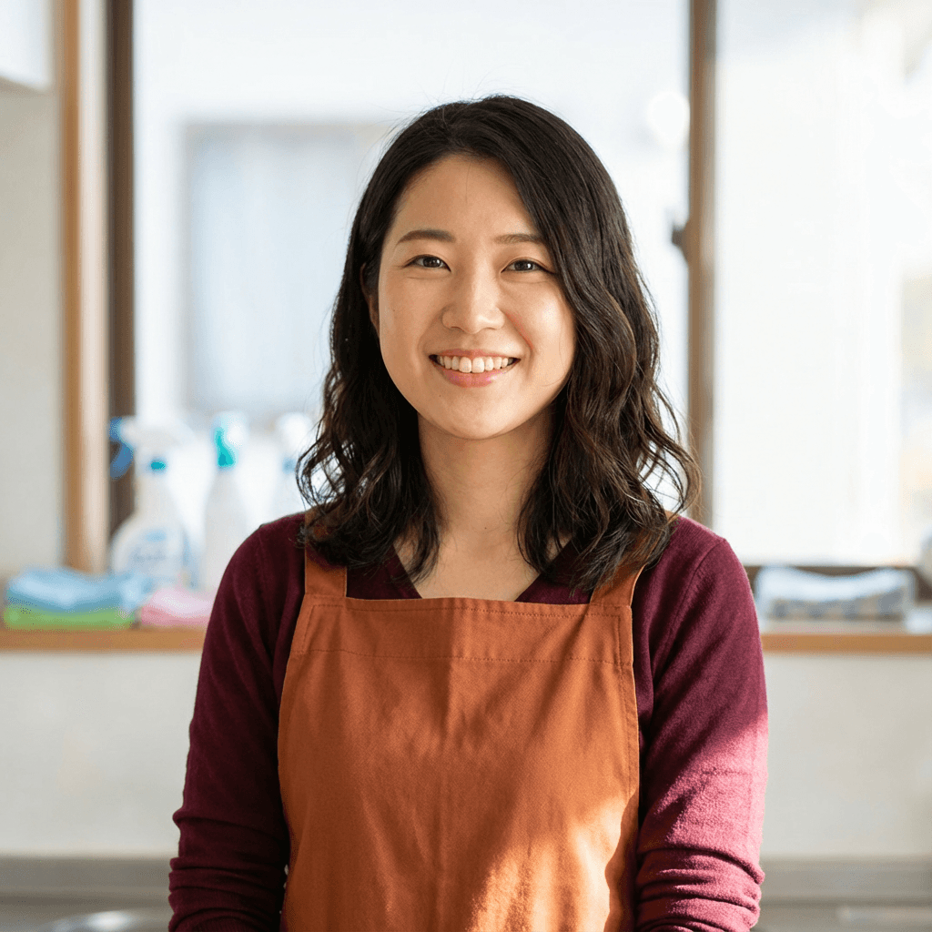 Emily Carter smiling in her cozy apartment