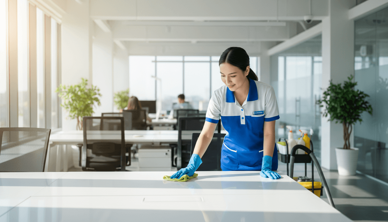 Professional cleaner wiping an office desk in a bright modern workspace
