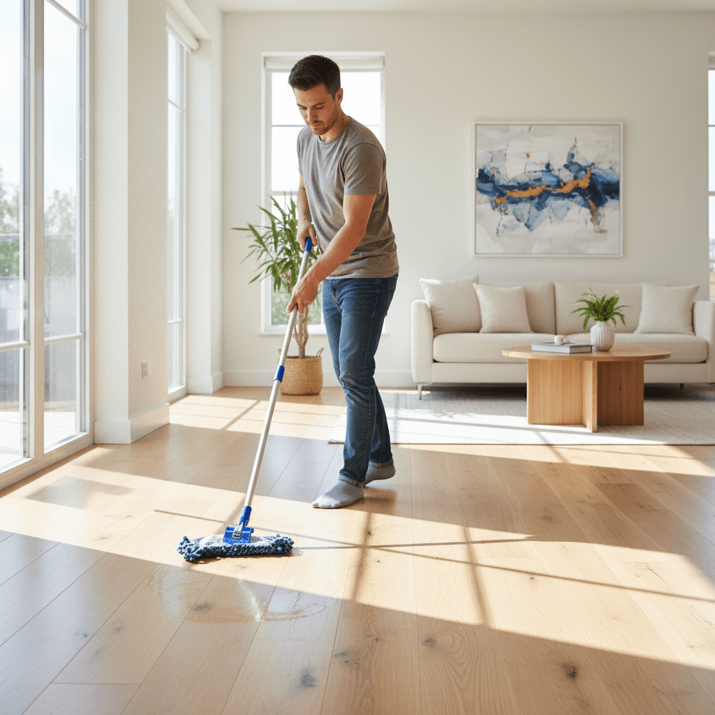 Person mopping a wooden floor in a bright home interior