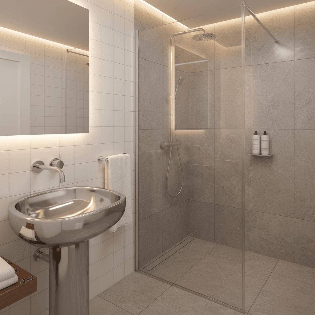 Clean bathroom with a shiny sink and shower