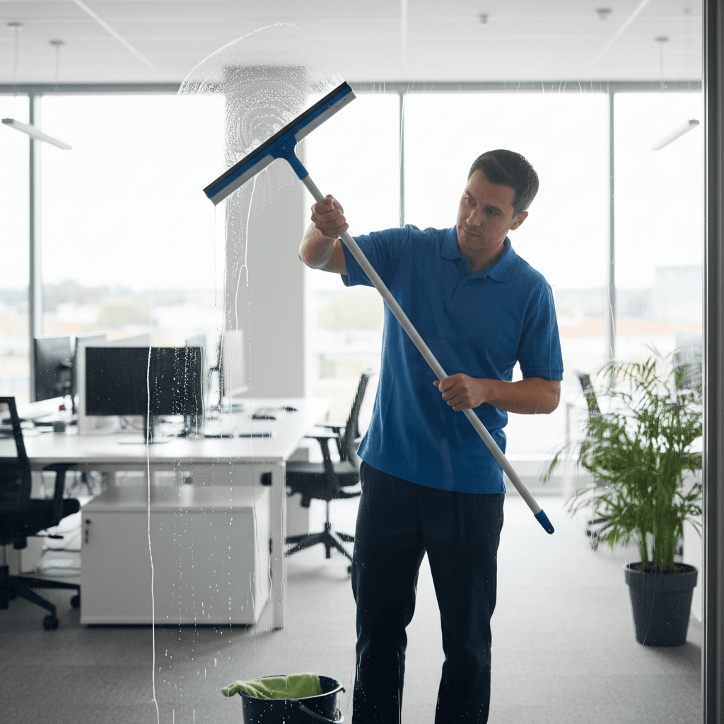 Cleaner wiping an interior office window with a squeegee