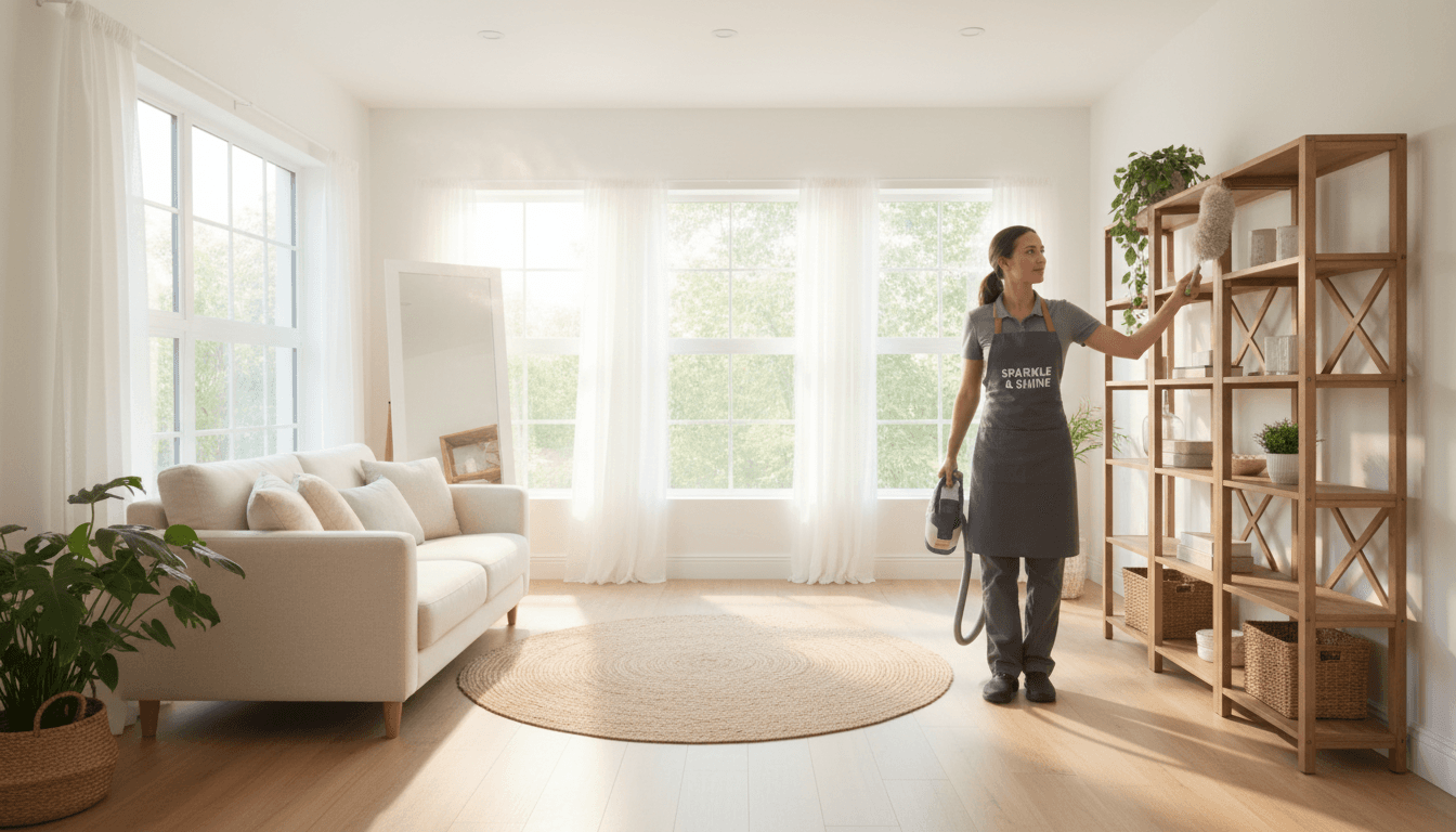 Professional cleaner dusting shelves in a bright modern living room