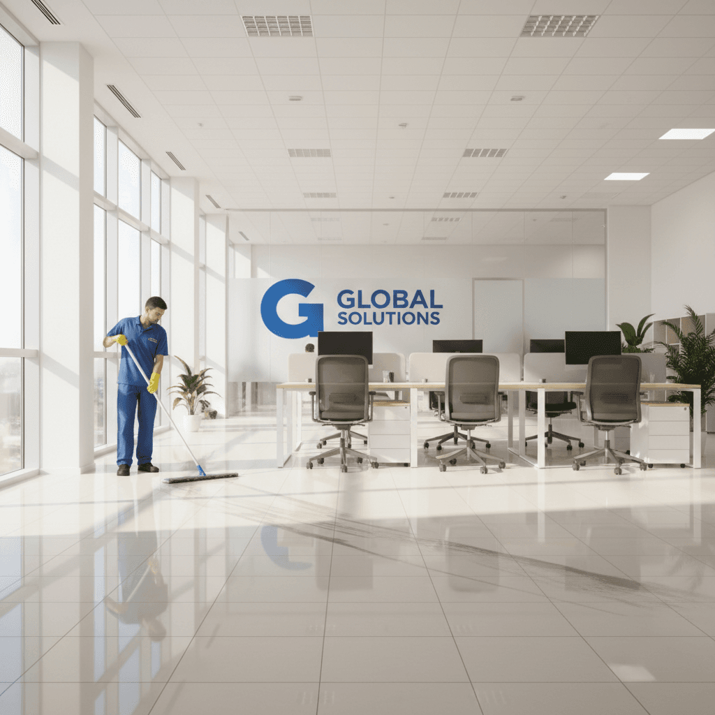 Cleaner mopping the floor in a bright modern office