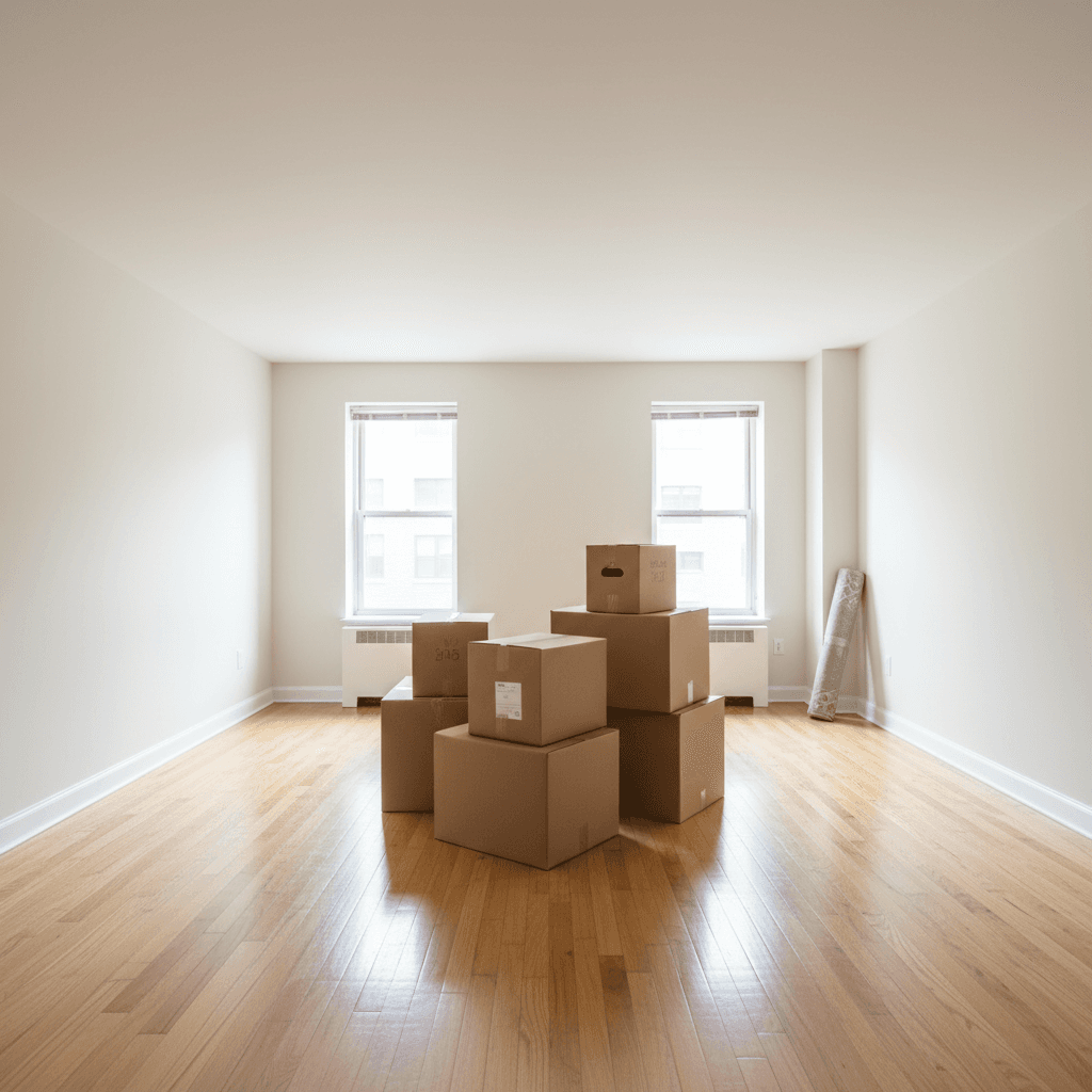 Empty apartment with clean floors and moving boxes ready for move in