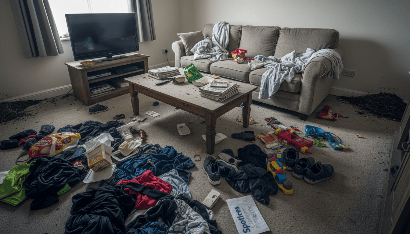 Cluttered living room with dust on surfaces, unmade sofa, scattered items on floor, and visible dirt in corners