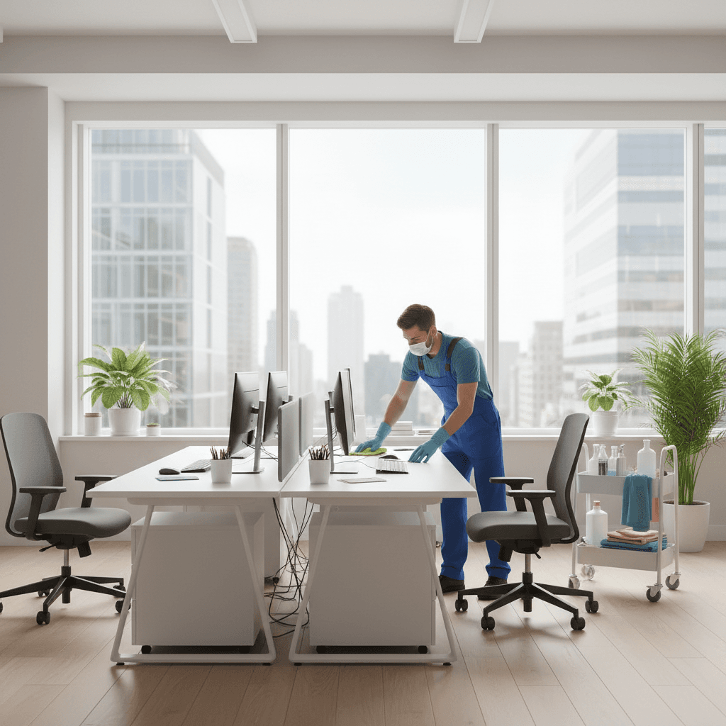 Professional cleaner wiping an office desk with a microfiber cloth in a bright modern workspace