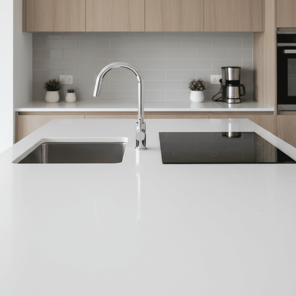 Clean kitchen countertops with a sink and hob