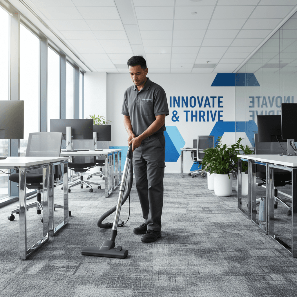 Person vacuuming an office carpet in a modern workspace