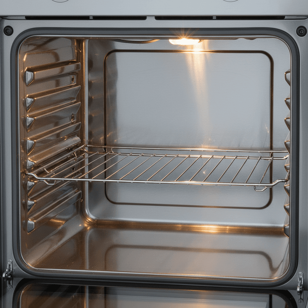 Clean oven interior with the rack pulled out showing a sparkling surface