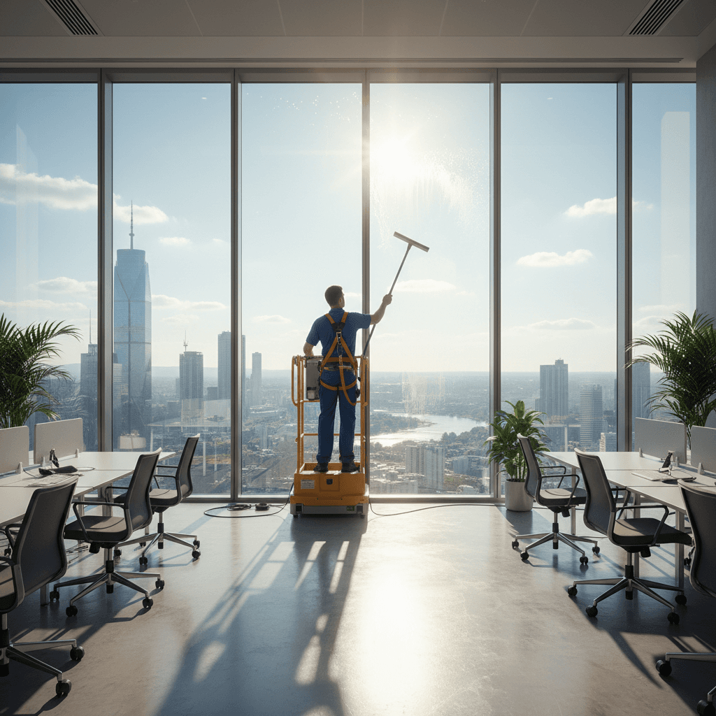 Cleaner washing a large window inside a bright office building with a squeegee
