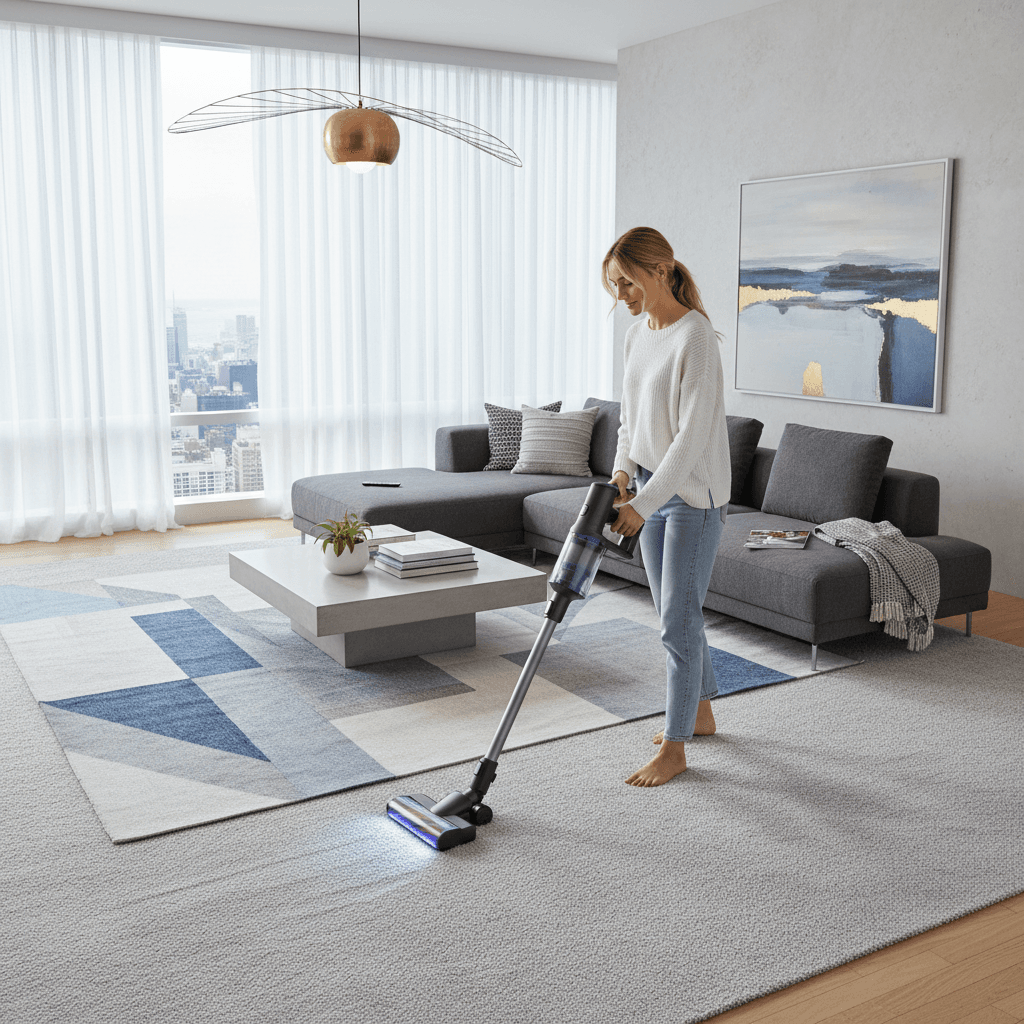 Person vacuuming a carpet in a modern living room