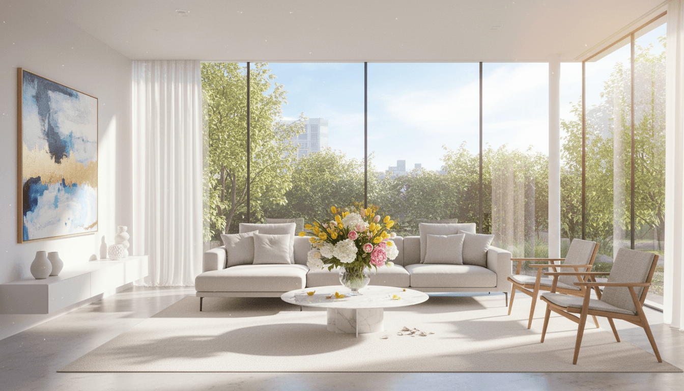 Bright modern living room with fresh flowers and natural sunlight after cleaning