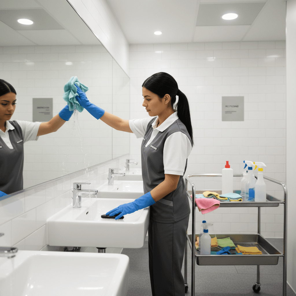 Cleaner polishing the sink and mirror in an office washroom