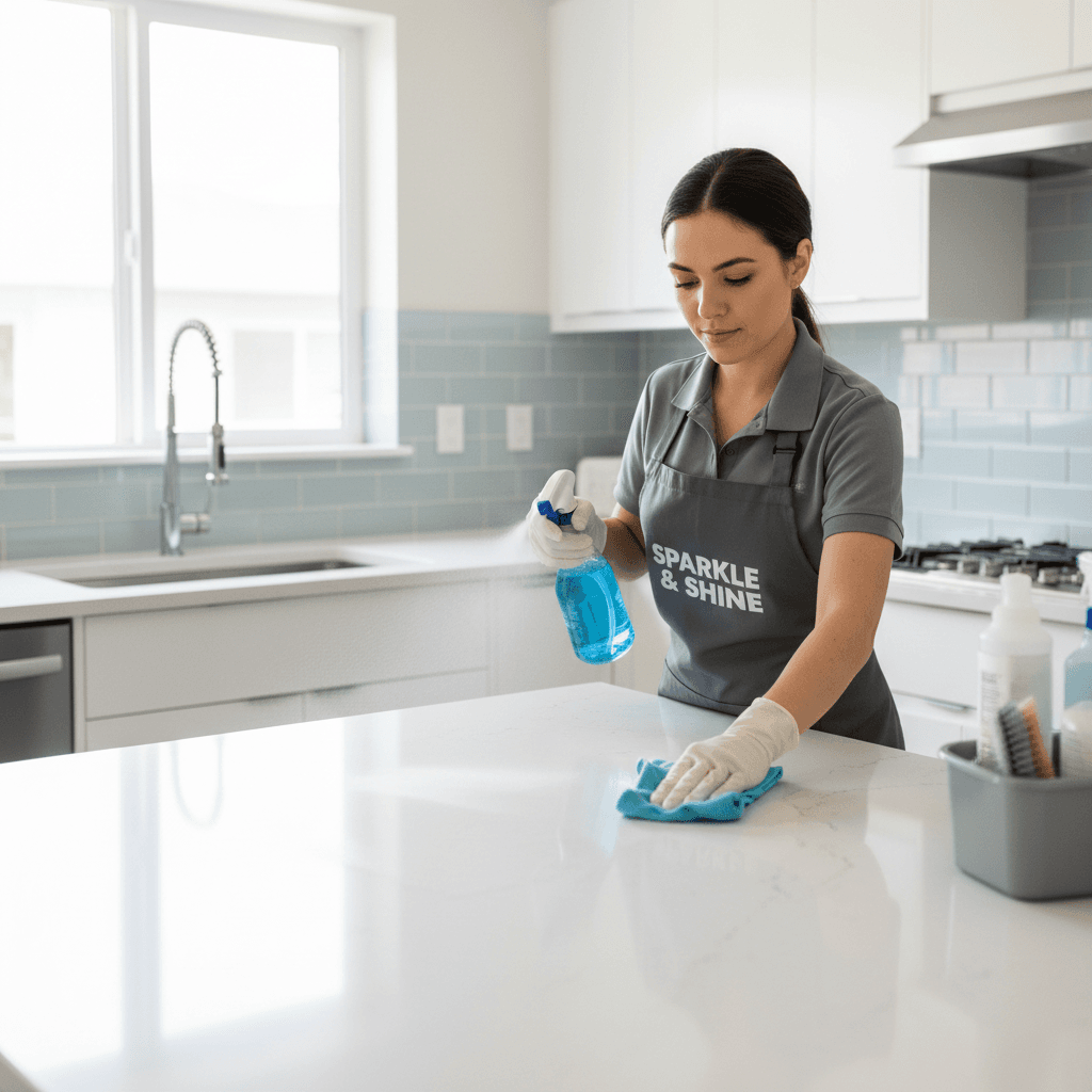 Cleaner wiping a modern kitchen countertop