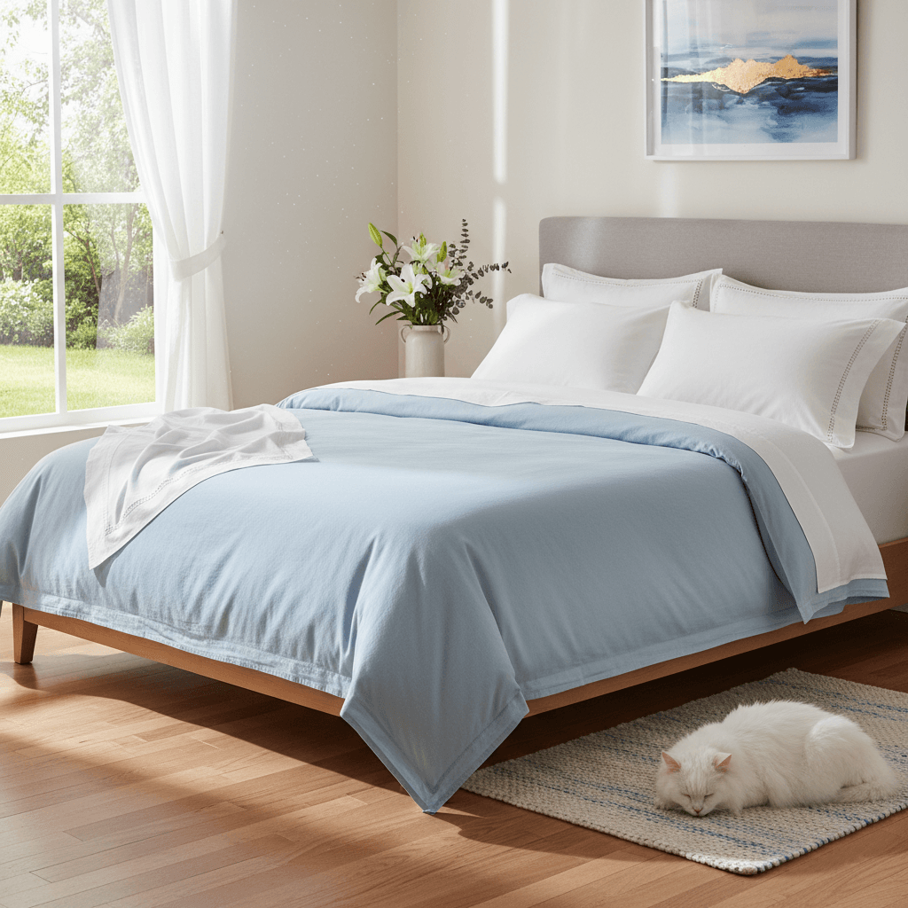 Neatly made bed in a bright bedroom with fresh linens