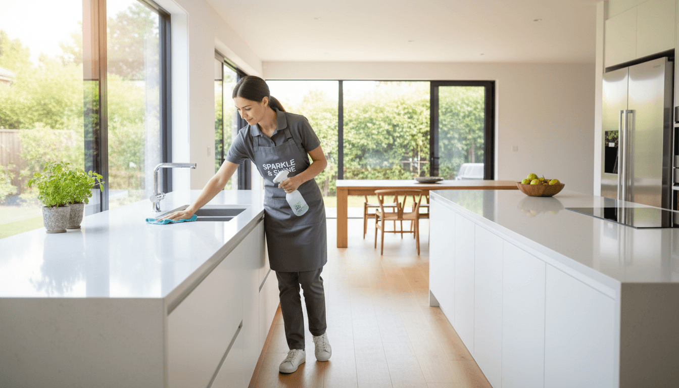 Professional cleaner wiping a kitchen counter in a bright modern home