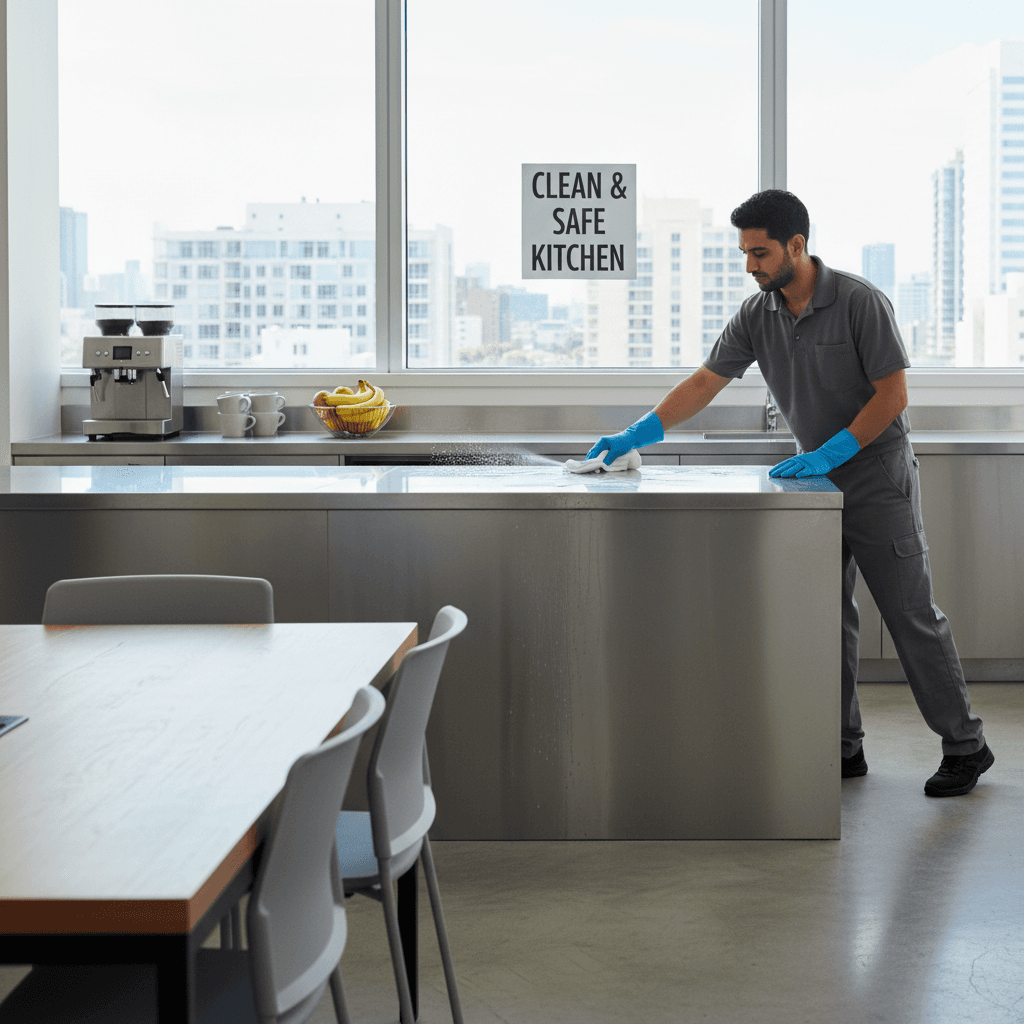 Person sanitising a kitchen counter in an office break room