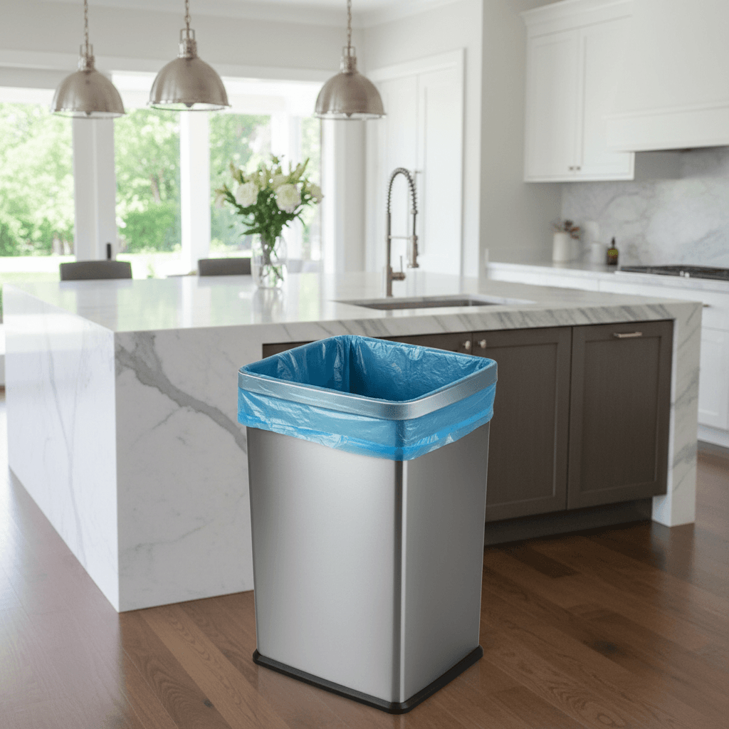 Empty trash bin with a fresh liner in a kitchen