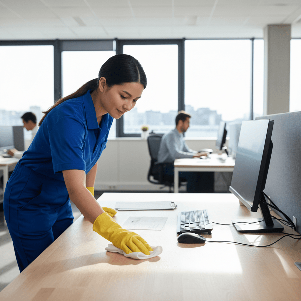 Cleaner wiping an office desk in a bright workspace