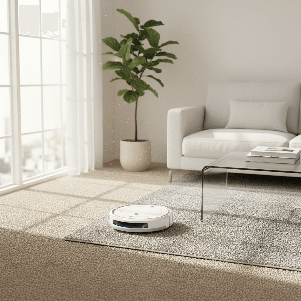 Vacuum cleaner on carpet in a clean living room with sunlight
