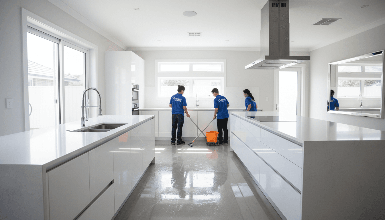 Professional cleaner wiping a bright modern kitchen counter in Bristol