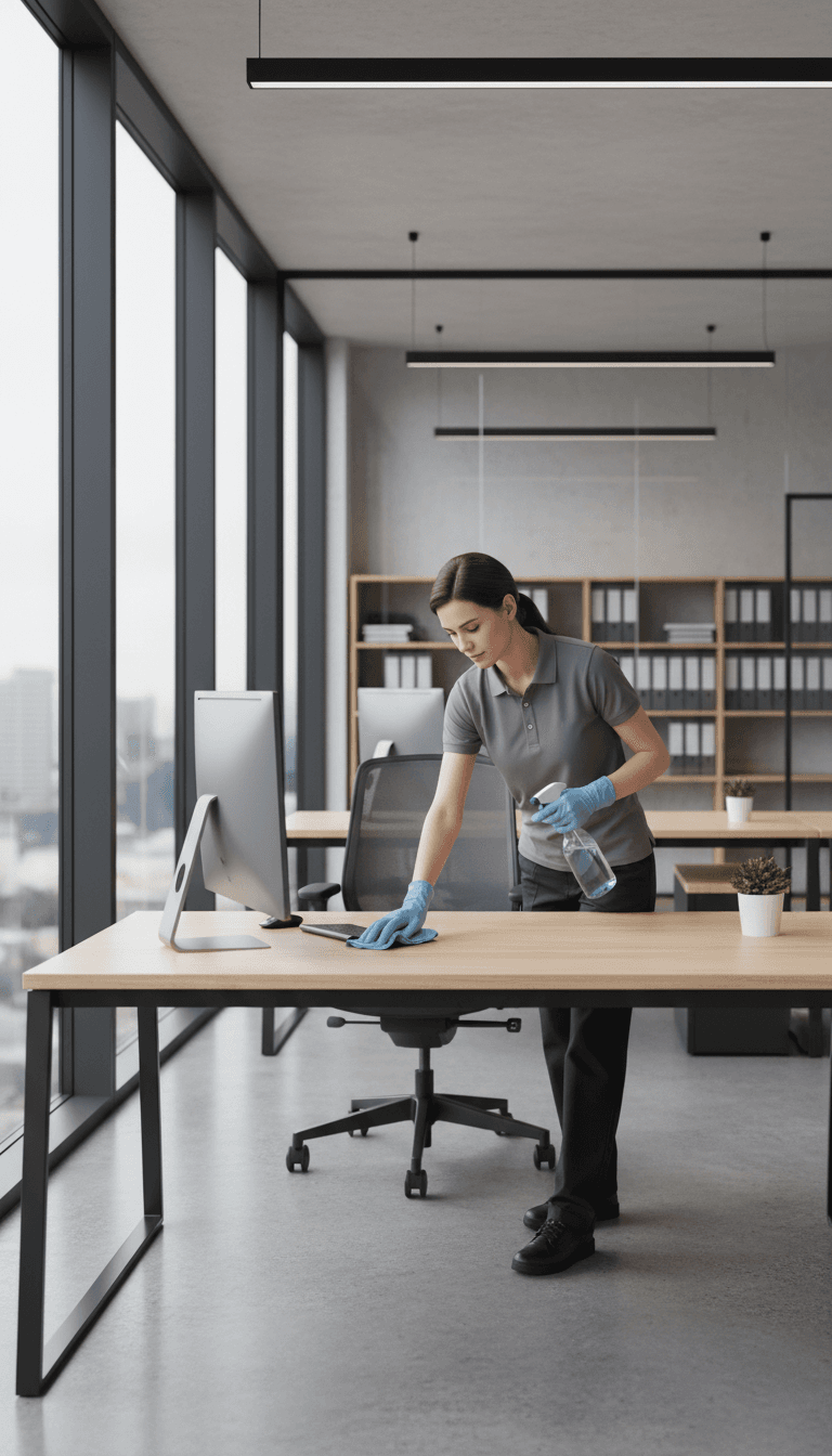 Professional cleaner wiping an office desk in a bright modern workspace