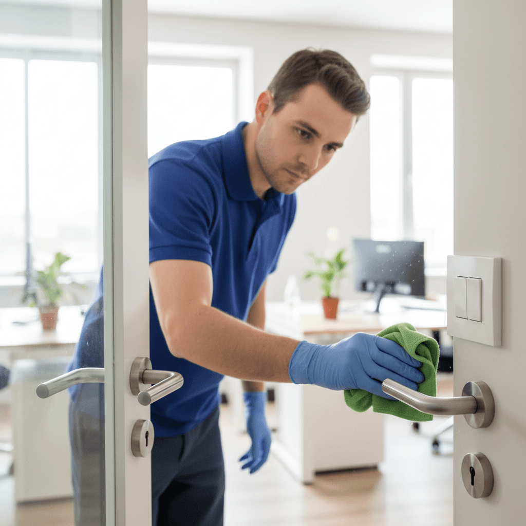 Cleaner dusting light switches and handles in a bright office