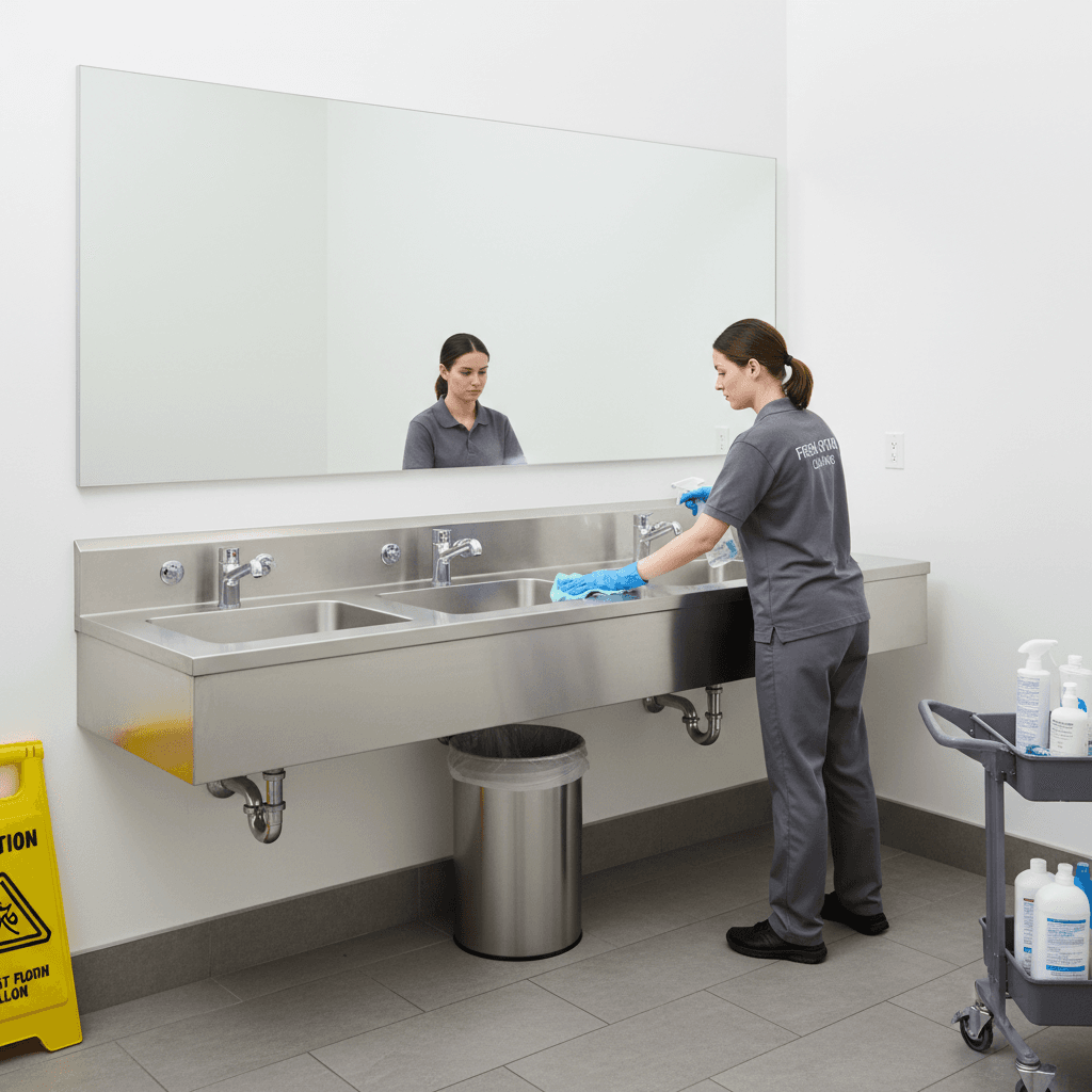 Cleaner disinfecting a commercial restroom sink and mirror