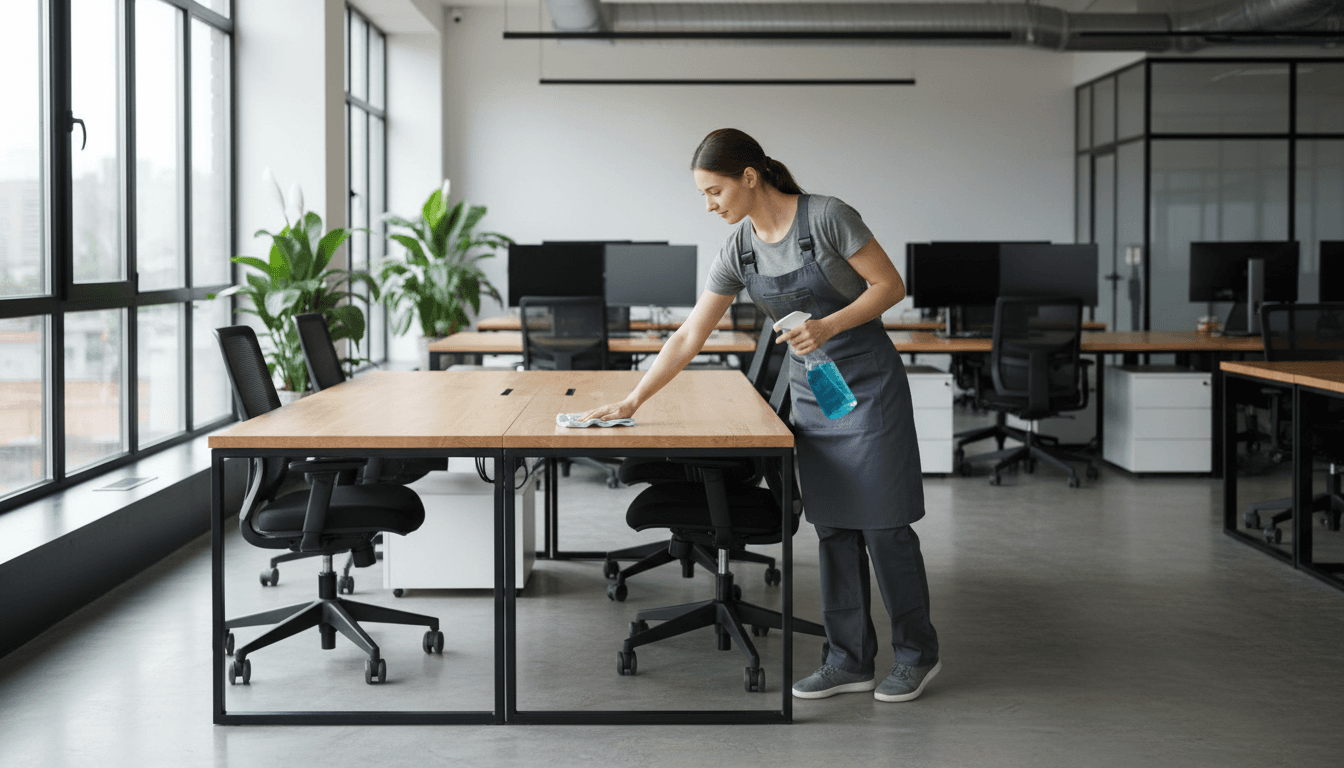 Professional cleaner wiping an office desk in a bright, modern workspace