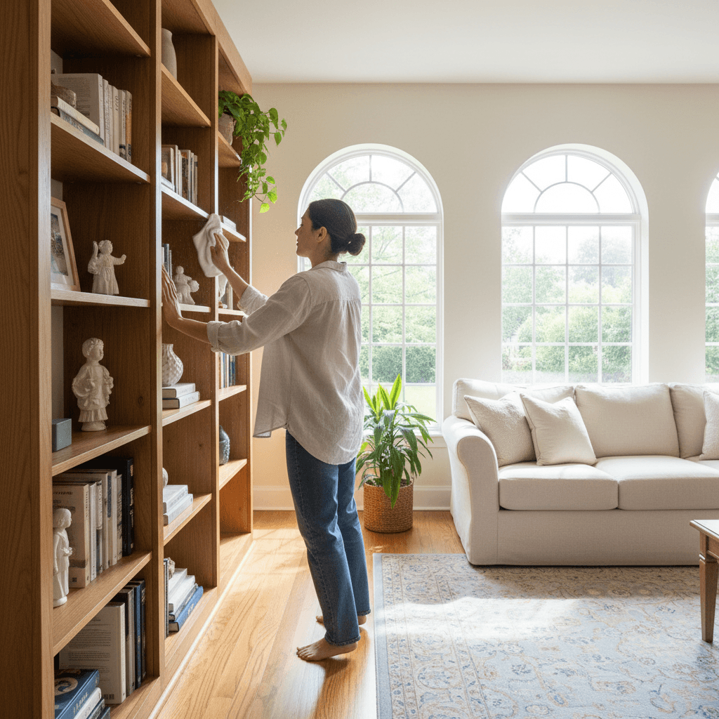 Person dusting a shelf with a cloth in a bright living room