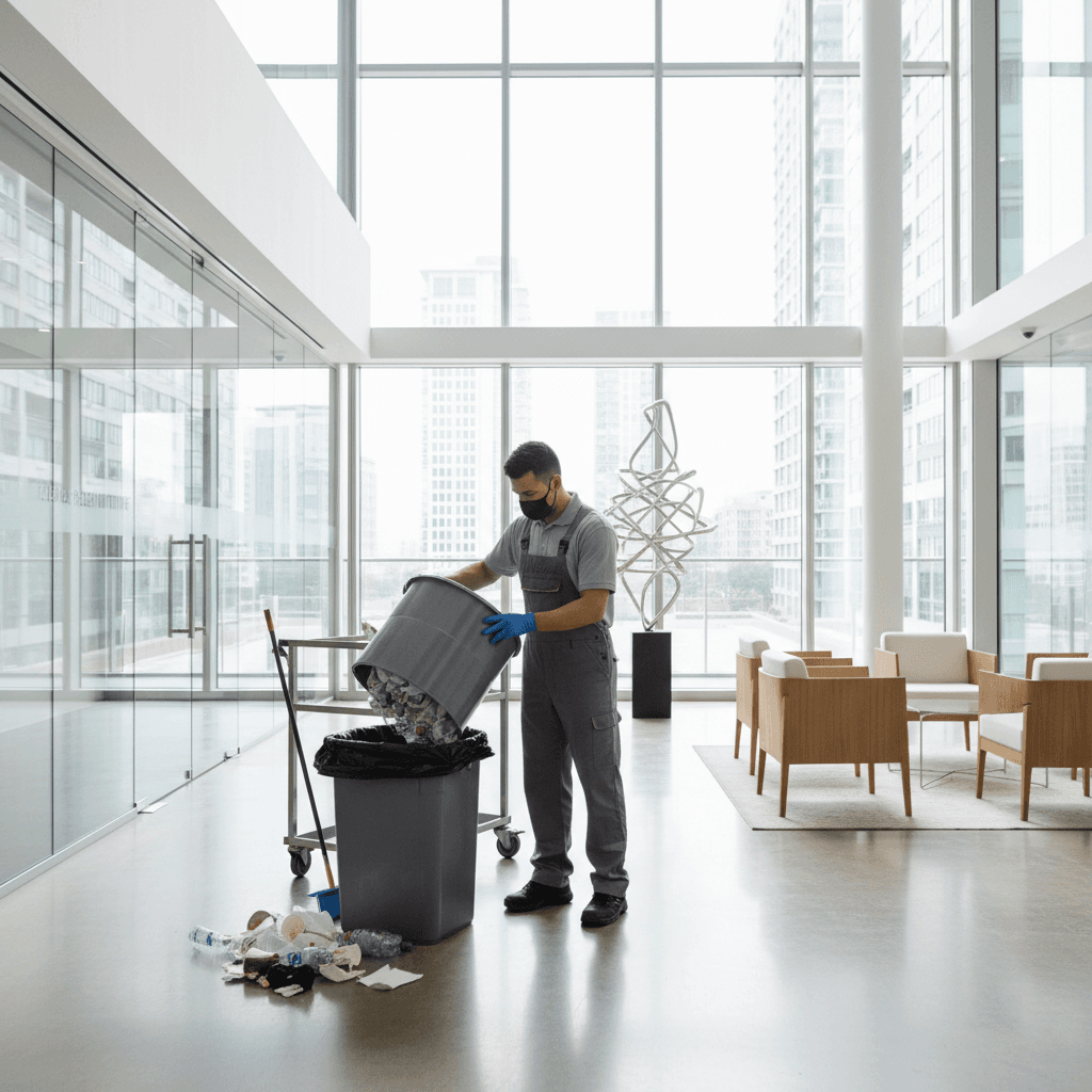 Cleaner emptying a trash bin in a modern office lobby