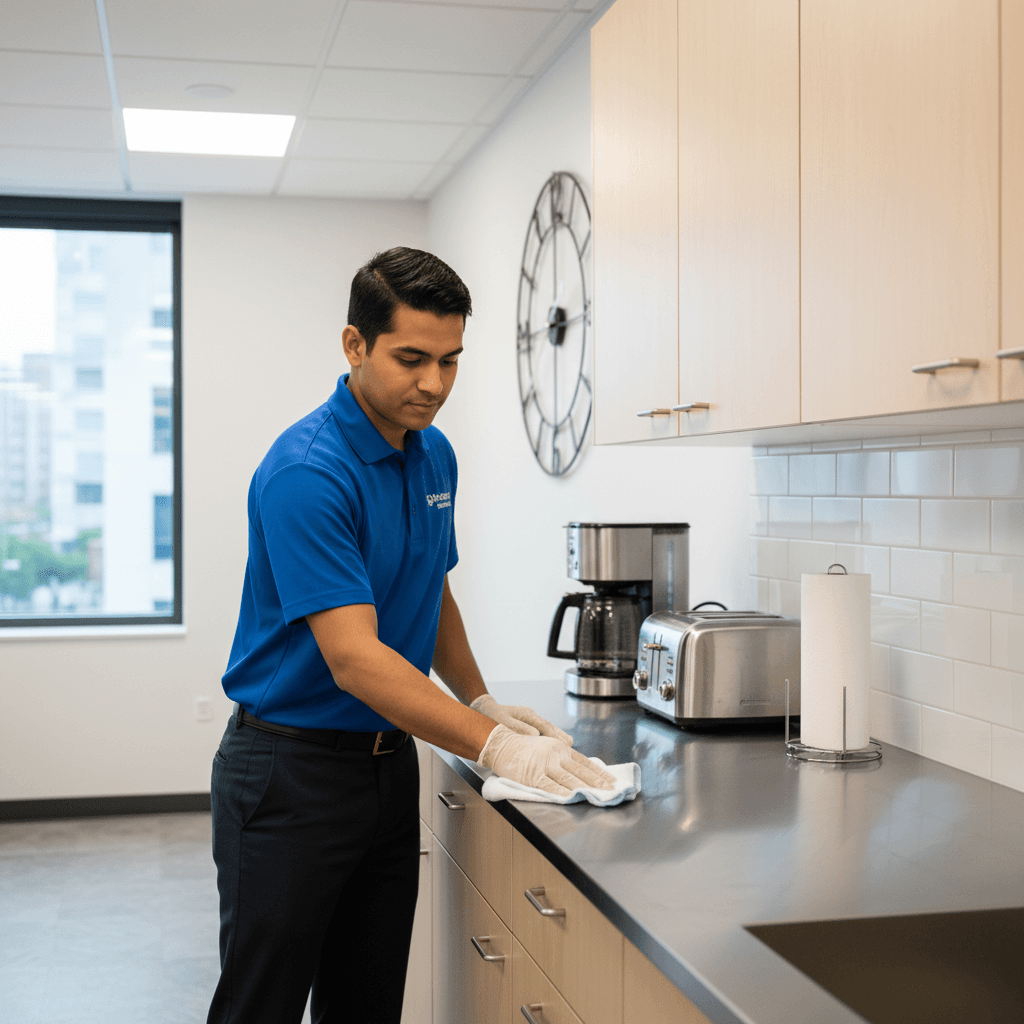 Professional cleaner sanitizing an office kitchen counter