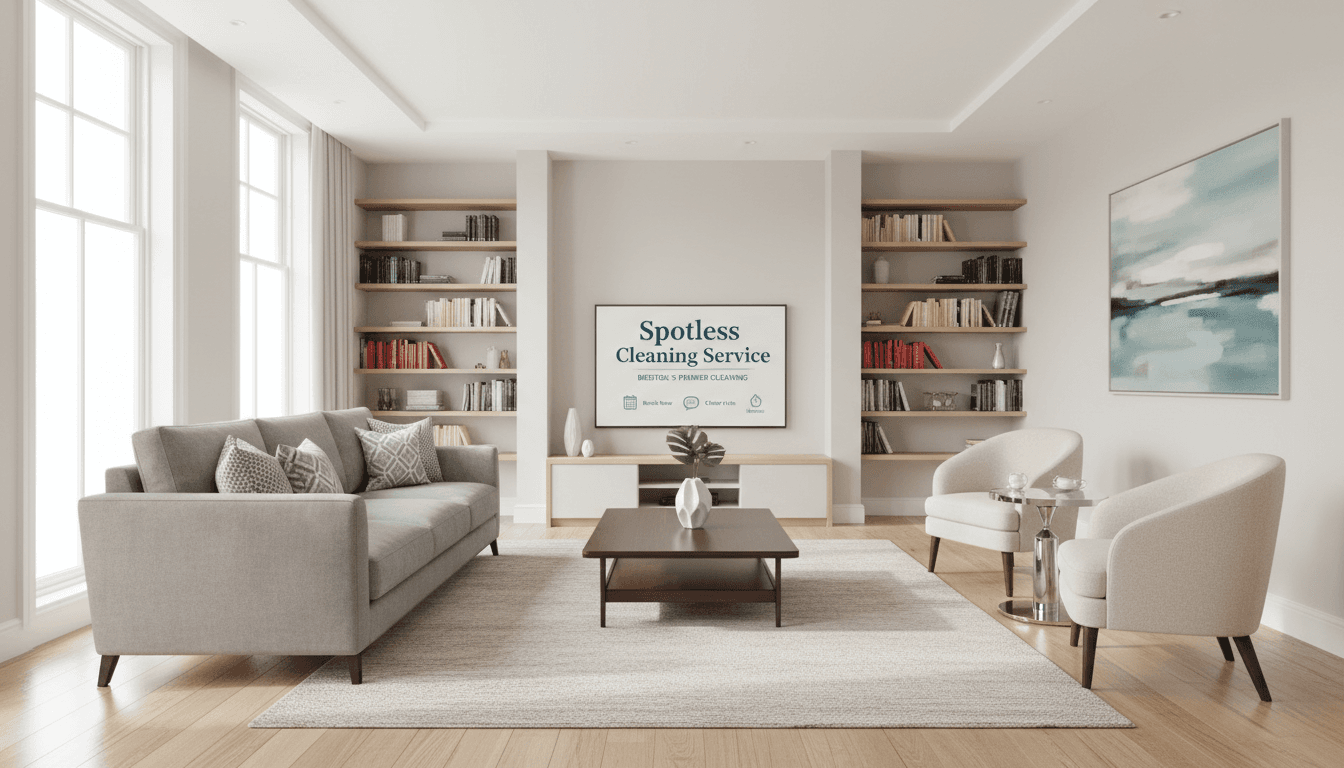 Same living room freshly cleaned with clear surfaces, organized furniture, spotless floors, and bright, tidy appearance