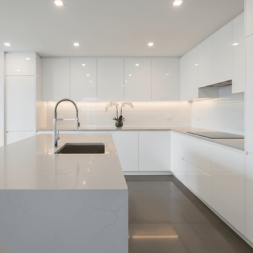 Sparkling clean modern kitchen with shiny countertops and sink