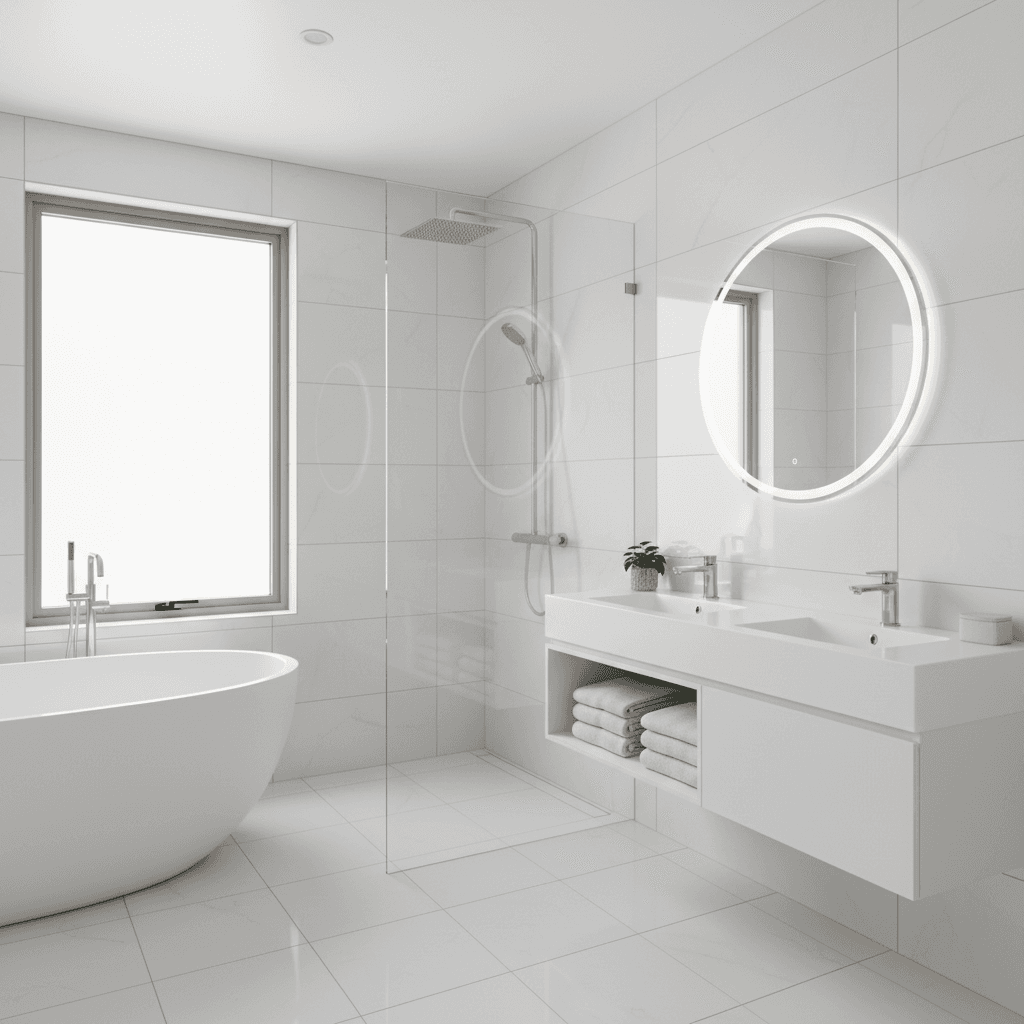 Bright clean bathroom with polished tiles and mirror