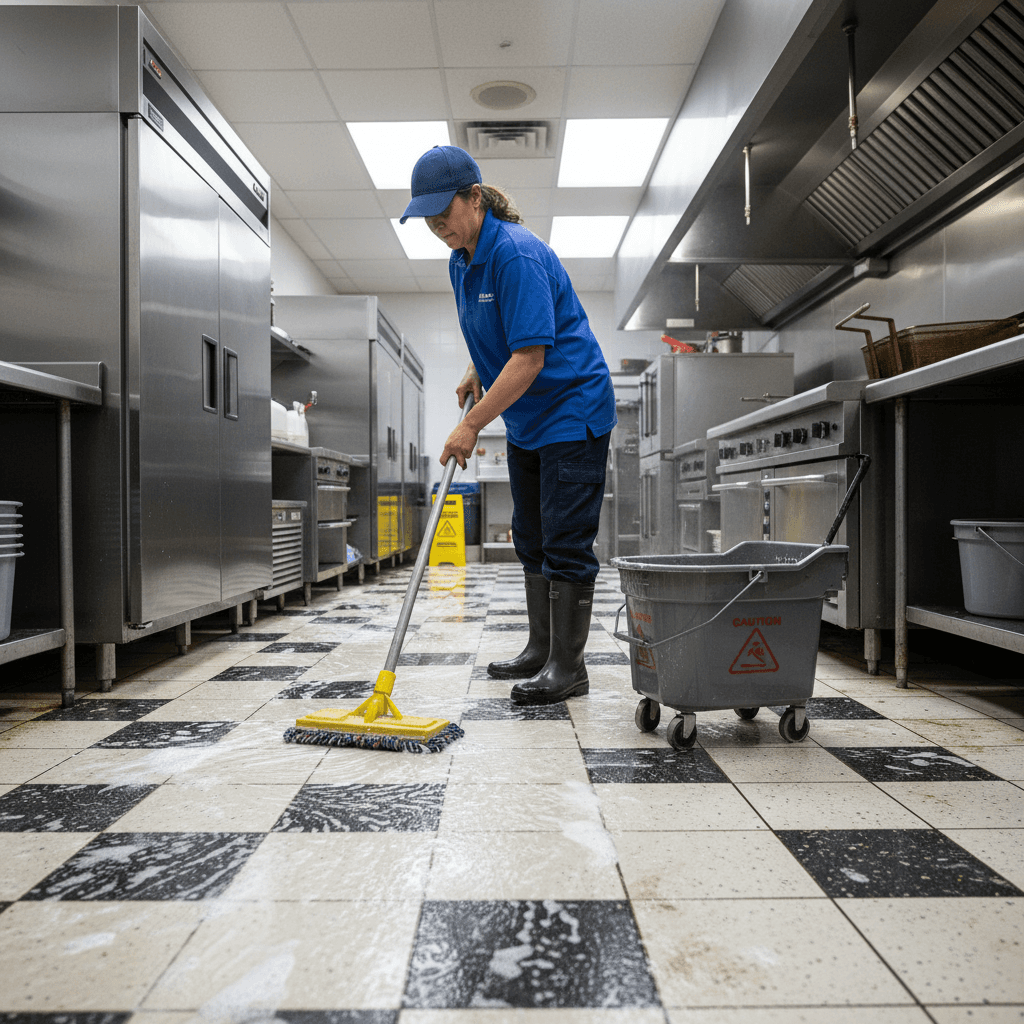 Cleaner deep cleaning a kitchen floor with a mop and bucket in a home