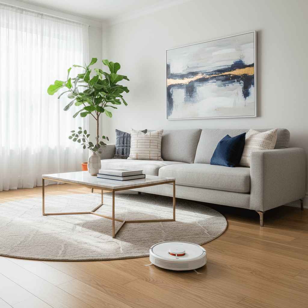 Clean bright living room with a vacuum cleaner and tidy sofa