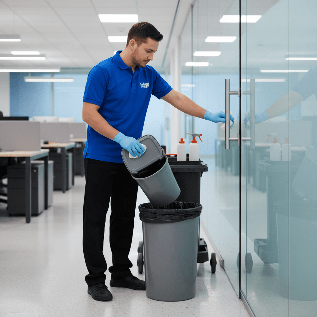 Cleaner emptying an office bin and wiping a door handle