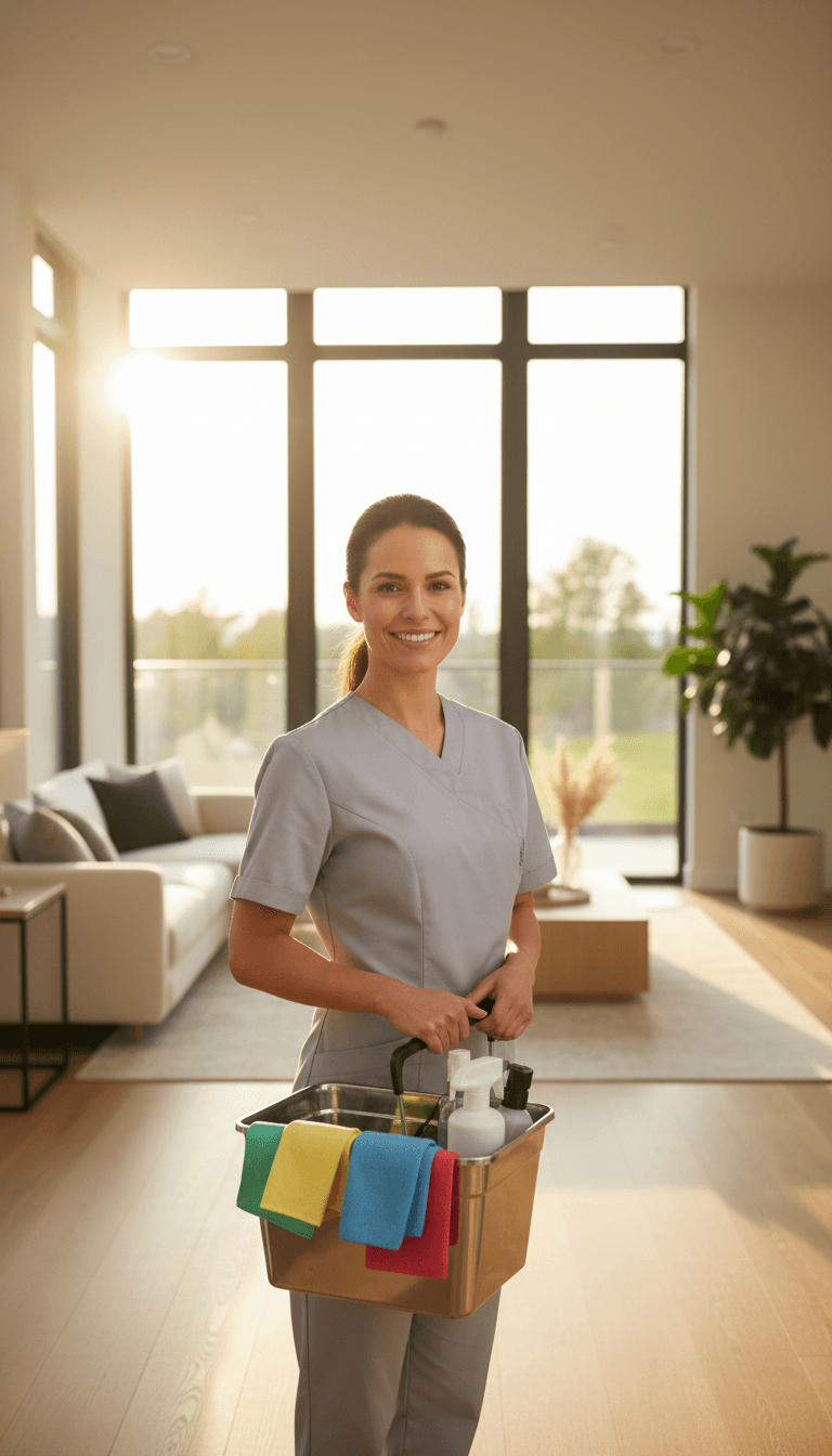 Cleaner with supplies in a bright modern home