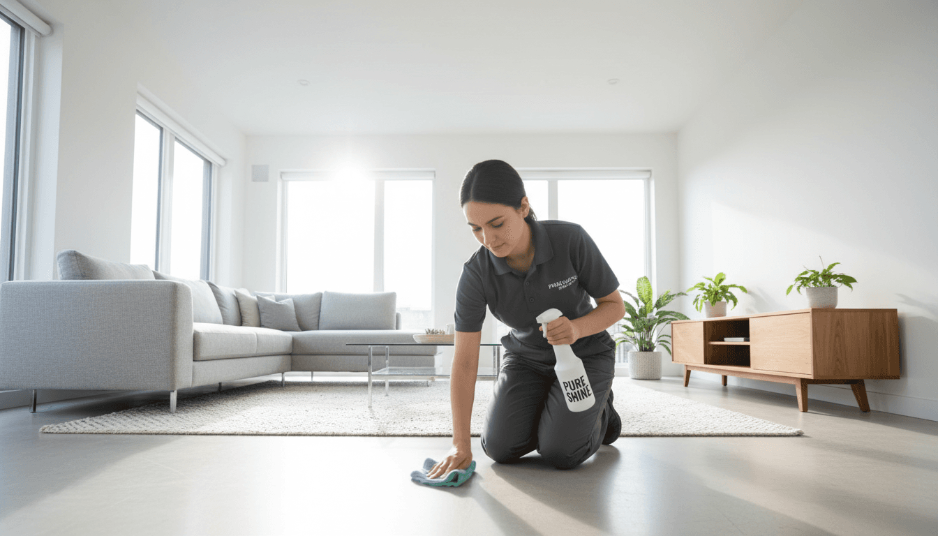 Professional cleaner organizing supplies in a bright modern home