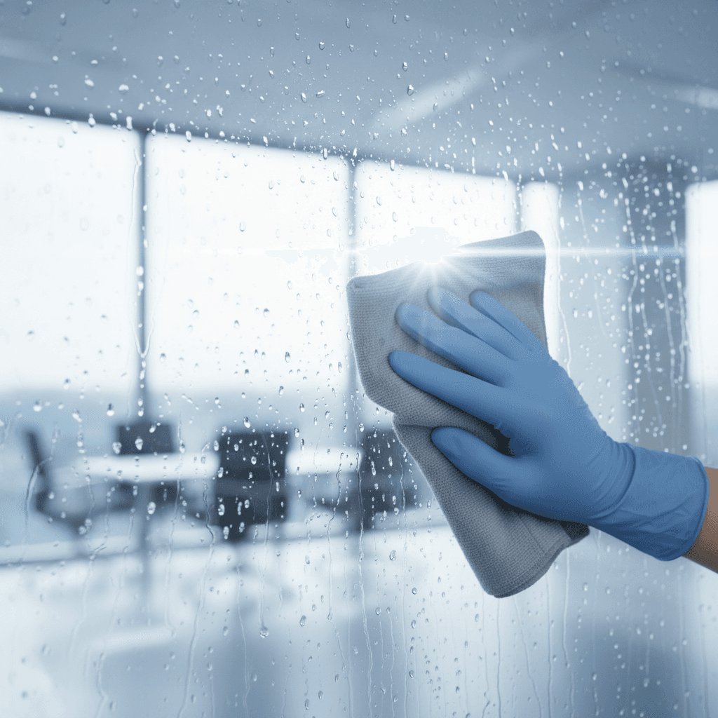 Professional wiping a glass entrance door in a commercial building